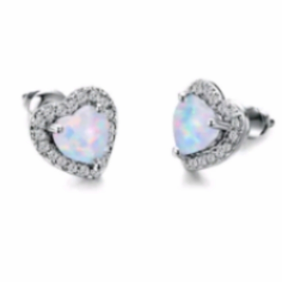 New simulated Blue opal heart silver Post earrings - Picture 1 of 1